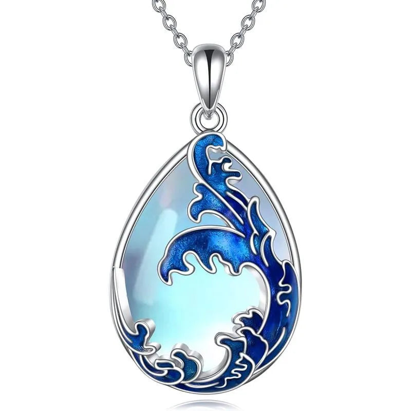Moonstone blue heart pendant necklace with alloy chain on display
