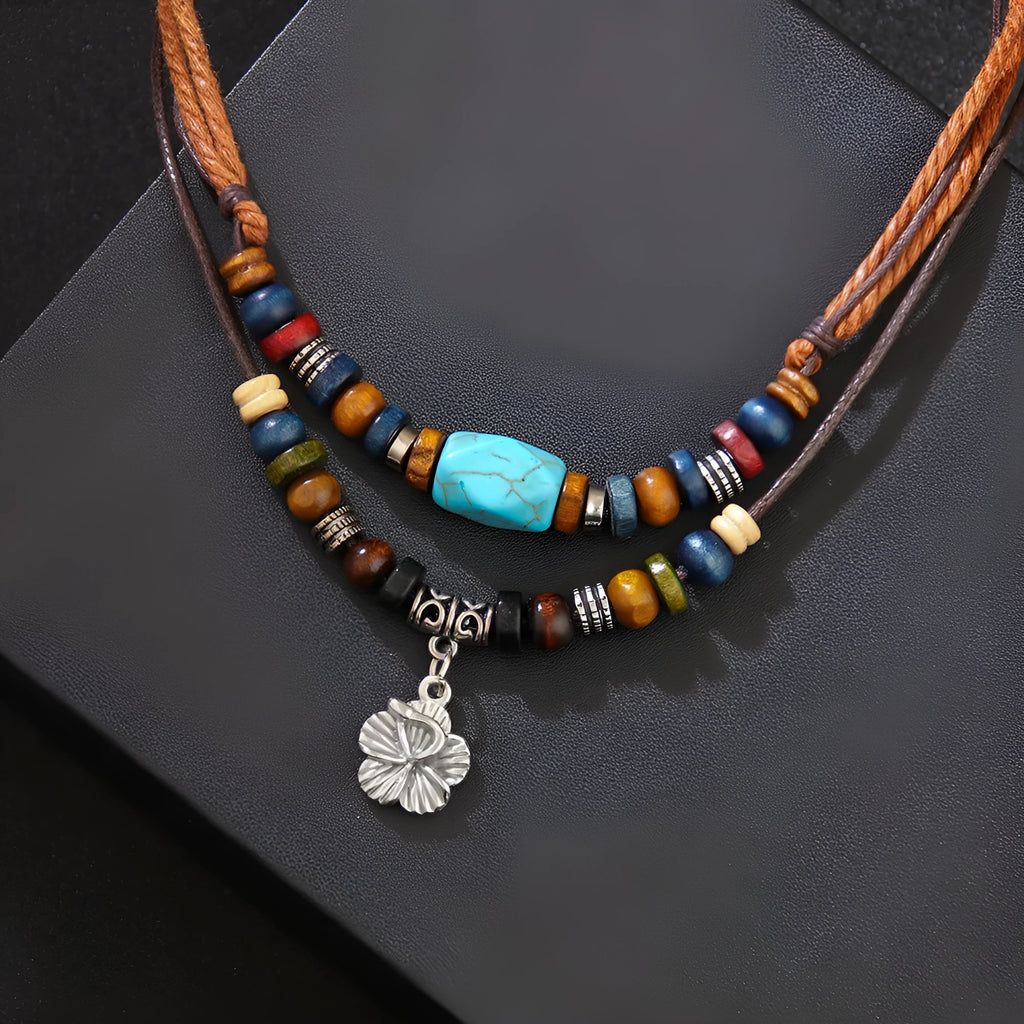Men's turquoise wooden bead necklace with geometric alloy pendant on cream wax rope