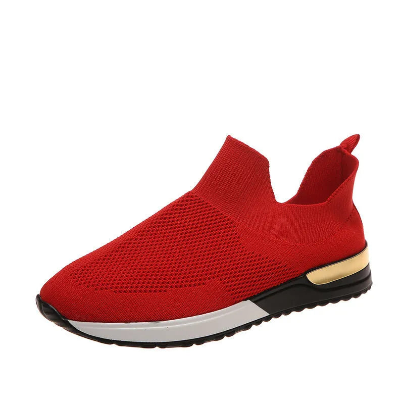 Breathable fly woven mesh running shoes with soft flat rubber sole in white, red, black, beige, gray, and pink