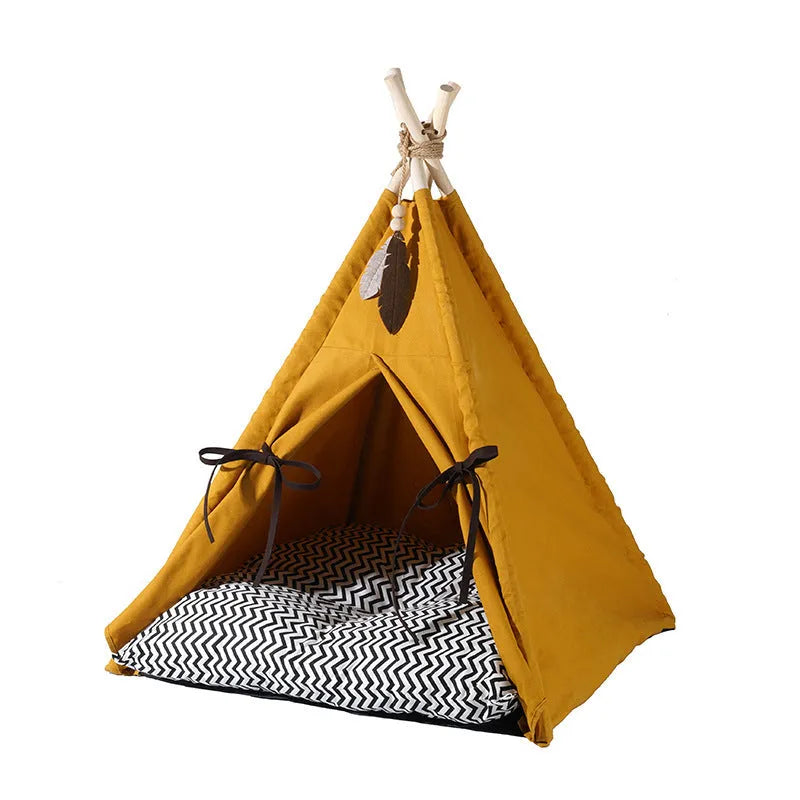 Sunset yellow semi-enclosed cat tent pet bed made from soft cloth with removable washable cover