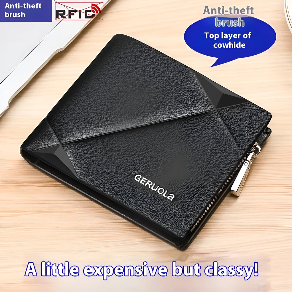 Men's short leather wallet with zipper closure showing rhombus pattern detail in brown colour