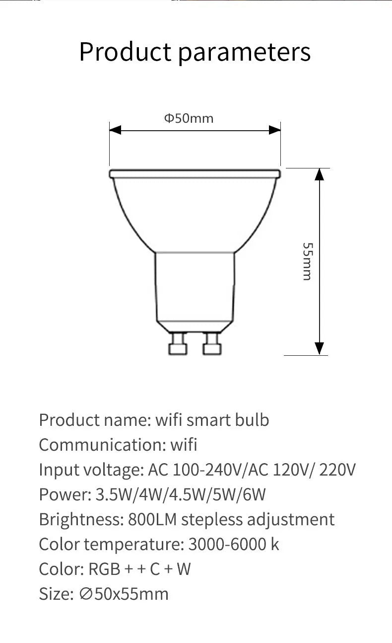 Smart GU10 RGBCCT LED spotlight with wifi control and adjustable colour temperature