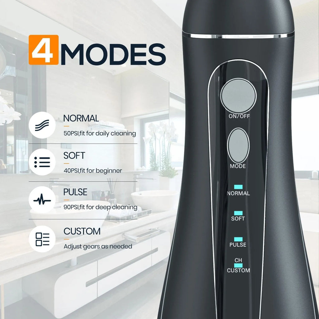 Black portable oral irrigator water flosser with built-in battery for adult home dental care.