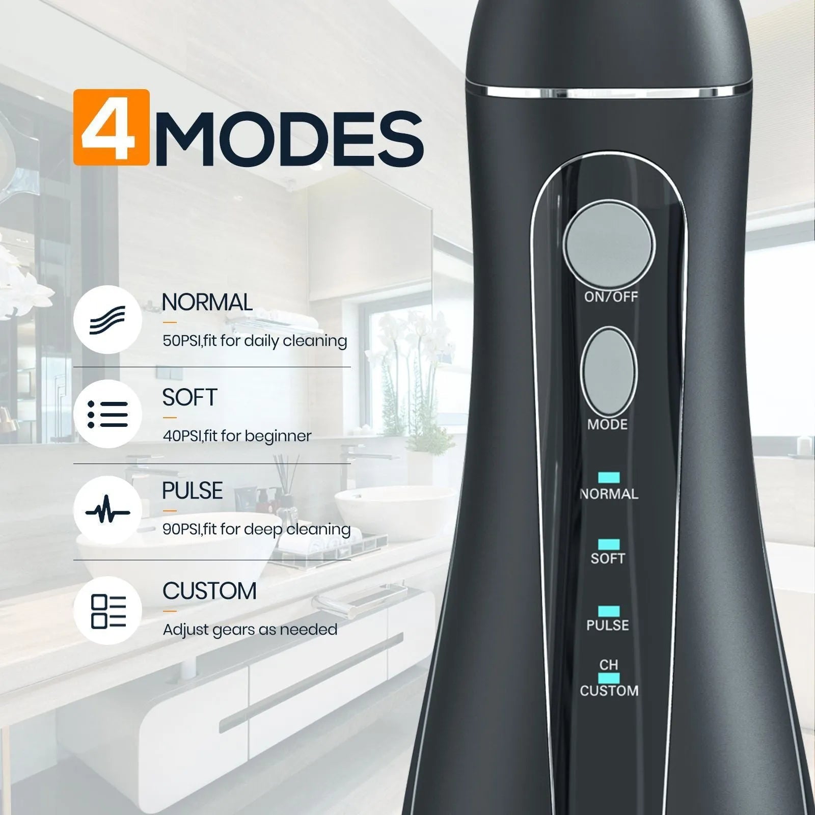 Black portable oral irrigator water flosser with built-in battery for adult home dental care.