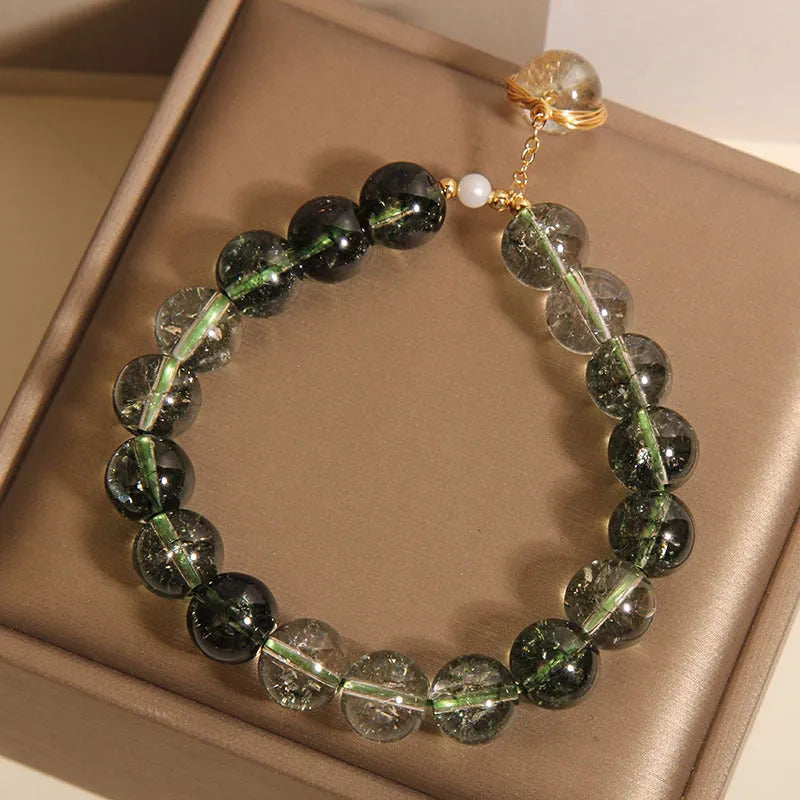 Natural green phantom quartz and chorite crystal bracelet for women in Japanese Korean style.