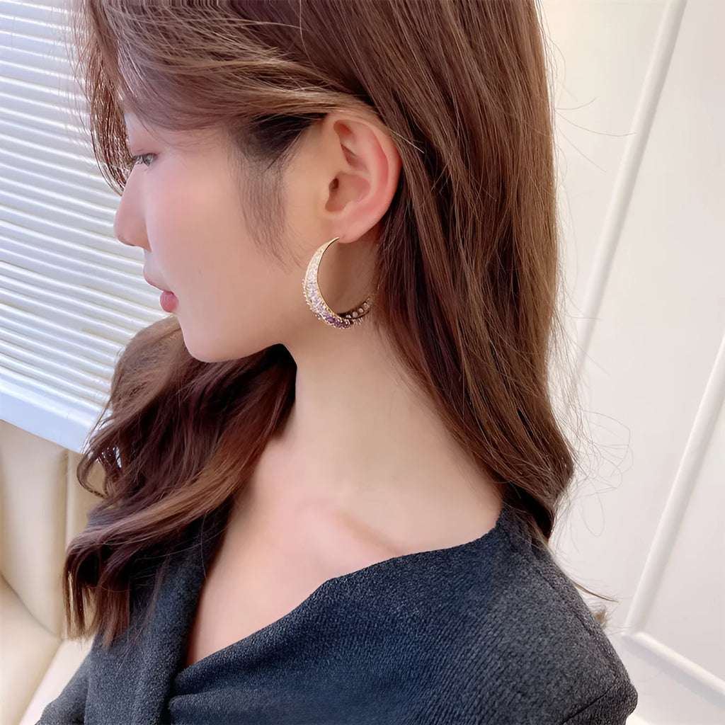 Women's geometric copper hoop earrings in gold white zirconium colour 4.3x4.5 cm