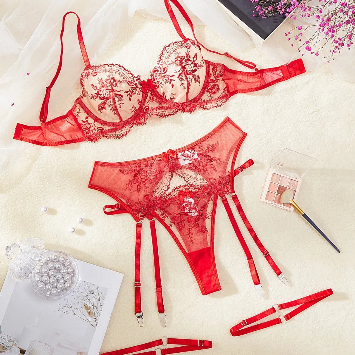 Women's see-through embroidered underwear suit with cutout design and garters in three colour options