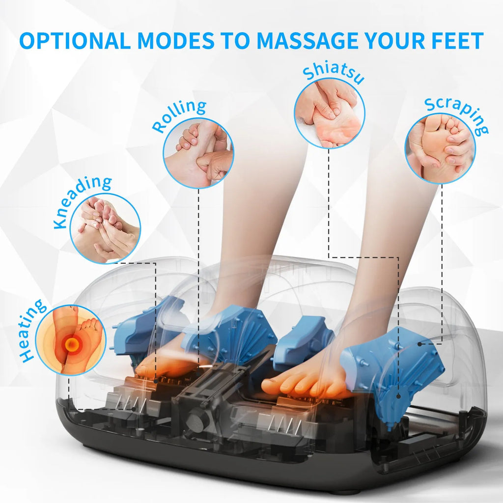 Black 3D foot and calf massager with heat, remote control, and removable washable cloth cover
