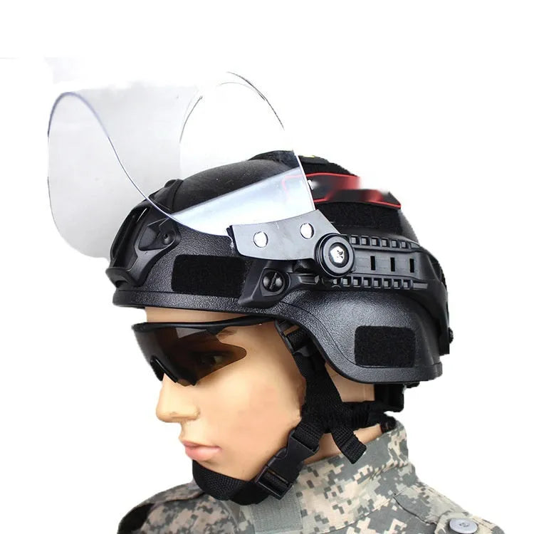 Tactical anti-riot helmet with transparent face shield and explosion-proof mask in Army Green colour