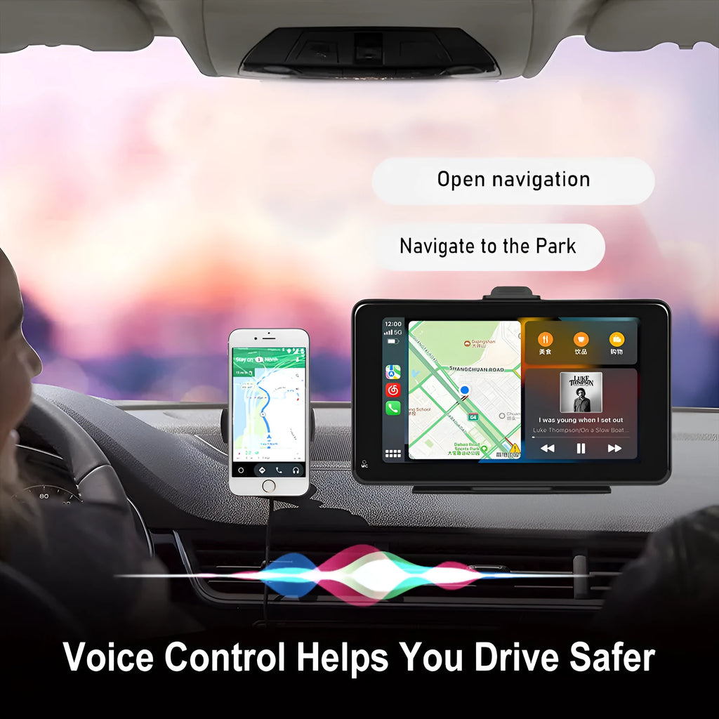 7-inch HD wired screen media player with universal mounting supports on a car dashboard.