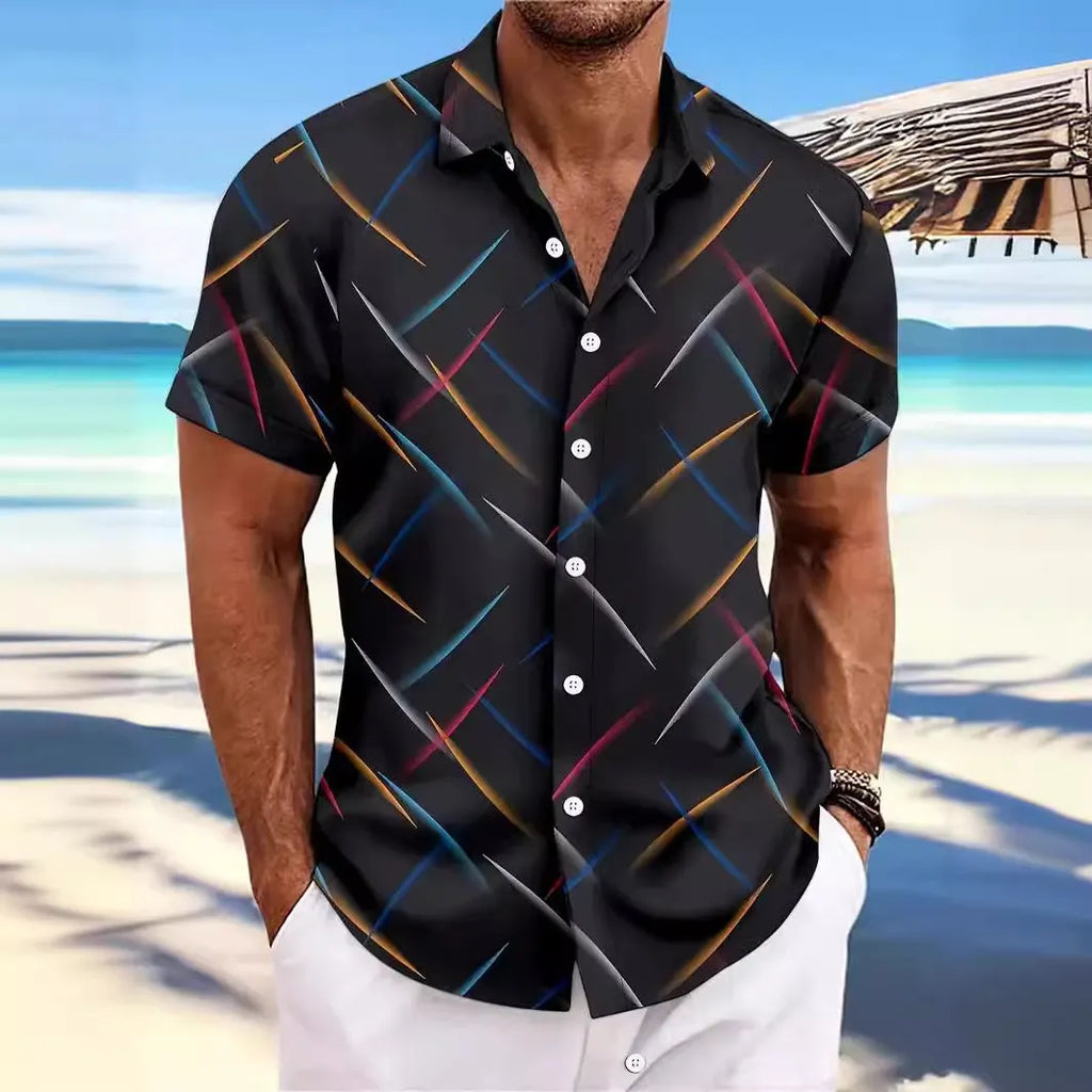 Summer men's striped feather beach short sleeve button shirt in loose cardigan style polyester fabric