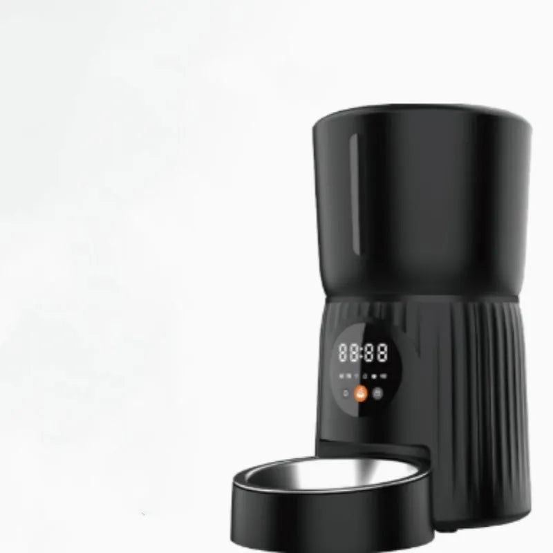 Black and white automatic pet feeder with digital display and USB connection