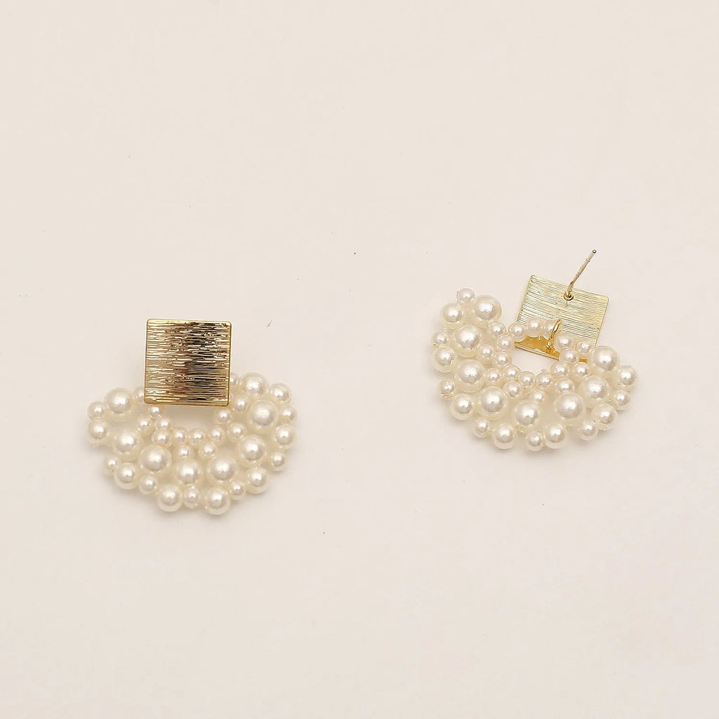 Handmade woven scalloped pearl stud earrings in 14K true gold electroplating alloy