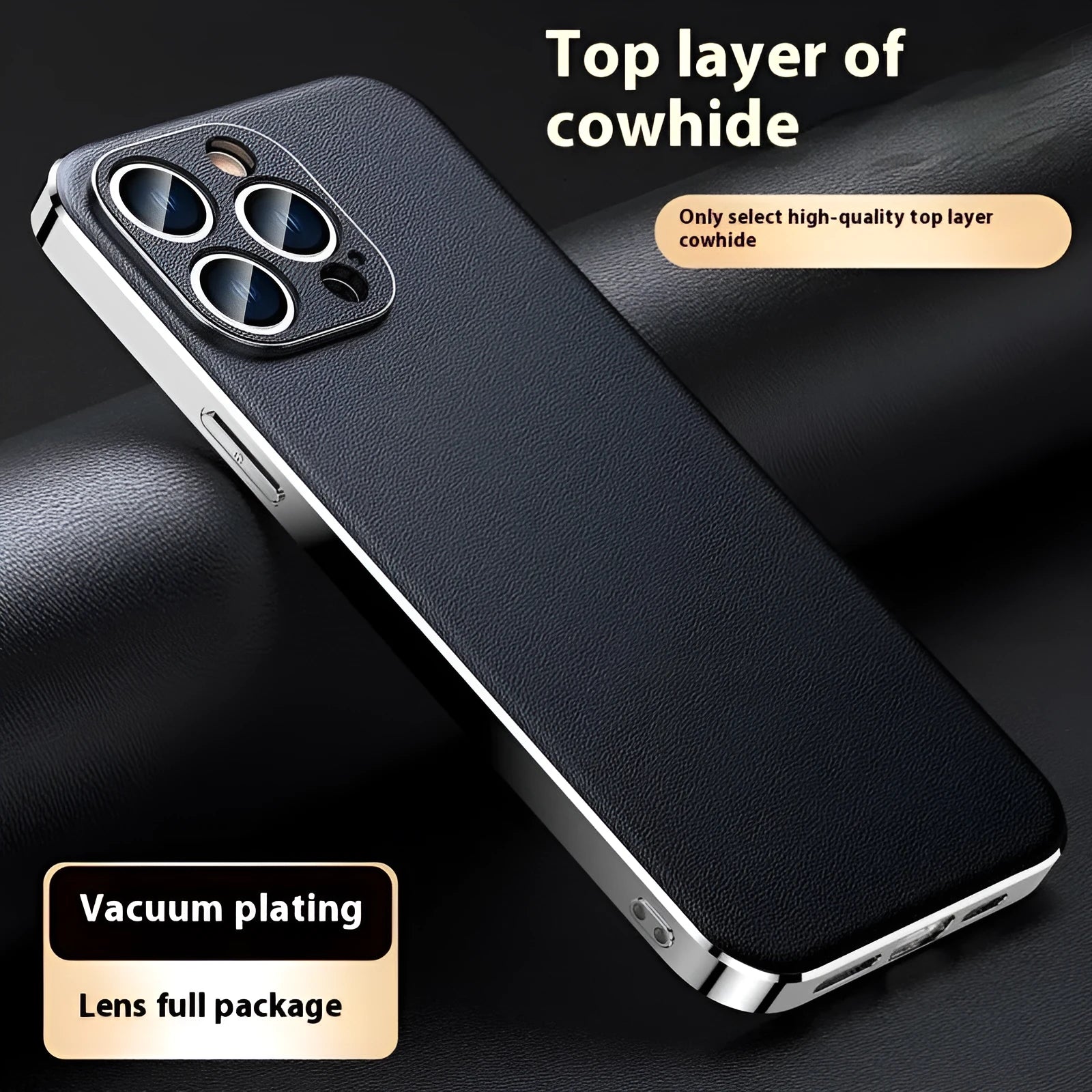 Genuine leather plating shell phone case with anti-fall protection for iPhone, plain Napa texture black