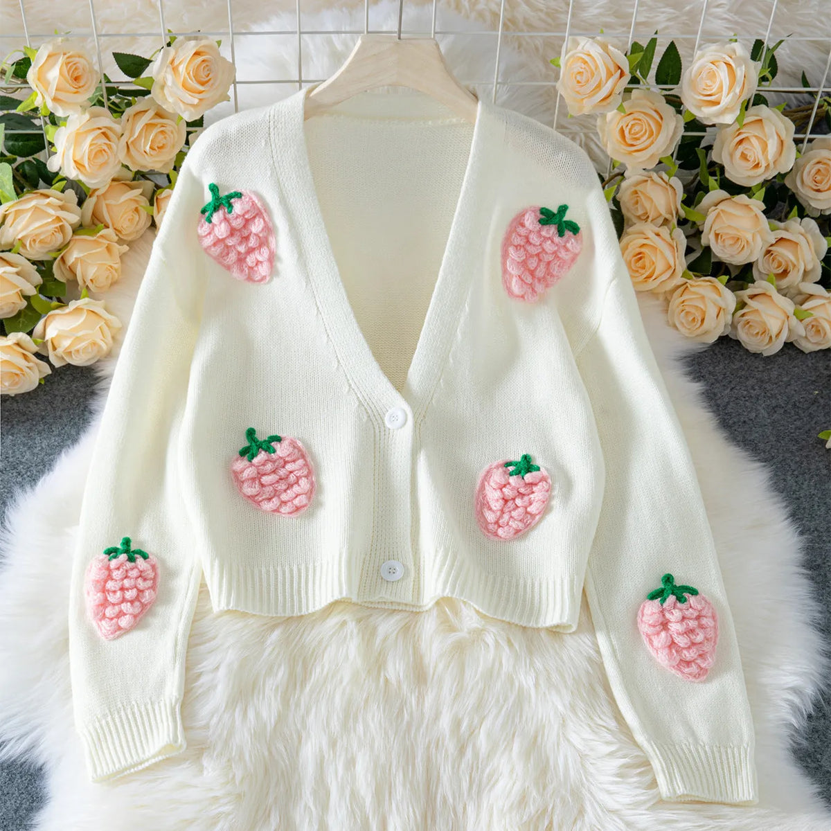 3D strawberry pattern women's acrylic knit sweater in milky white with long sleeves and regular fit