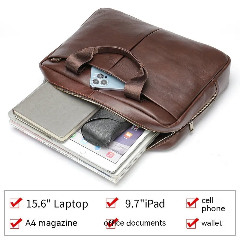 Genuine leather large capacity horizontal briefcase in black for men, first layer cowhide with sewing line detailing