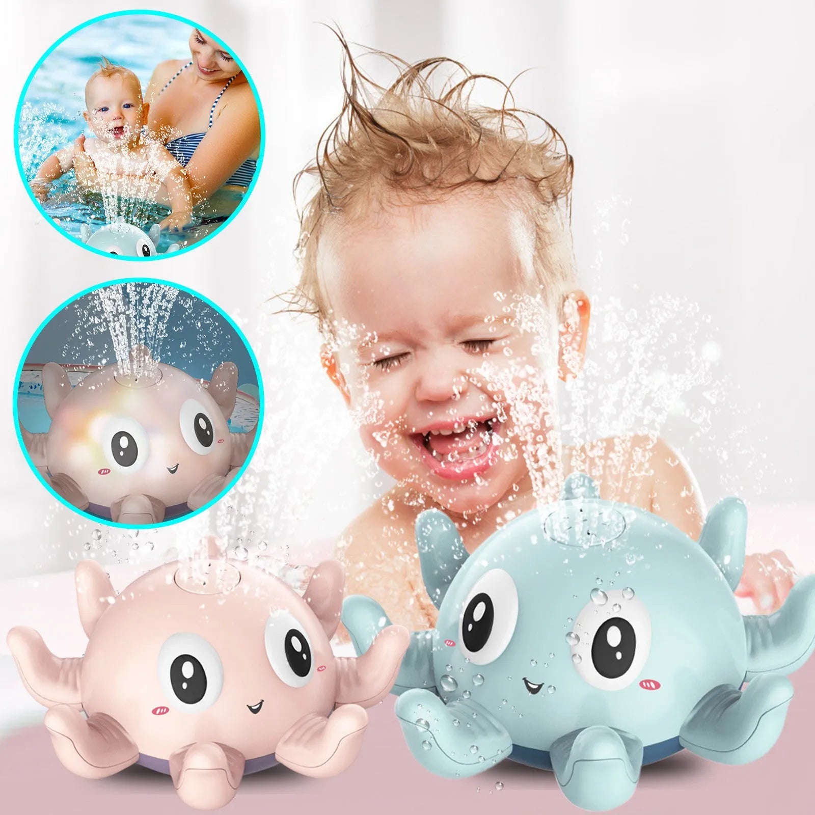 Blue octopus automatic water spray bath toy with flashing lights for children's bath time