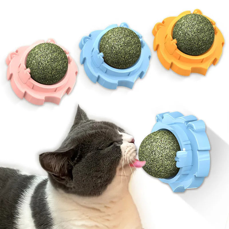 Orange, pink, and blue adhesive molar-shaped cat toys with a sticky base.