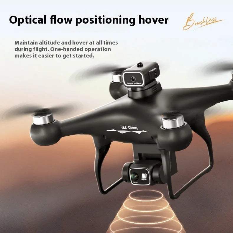 Black S116 brushless quadcopter drone with four propellers and a dual camera, shown with its remote control.
