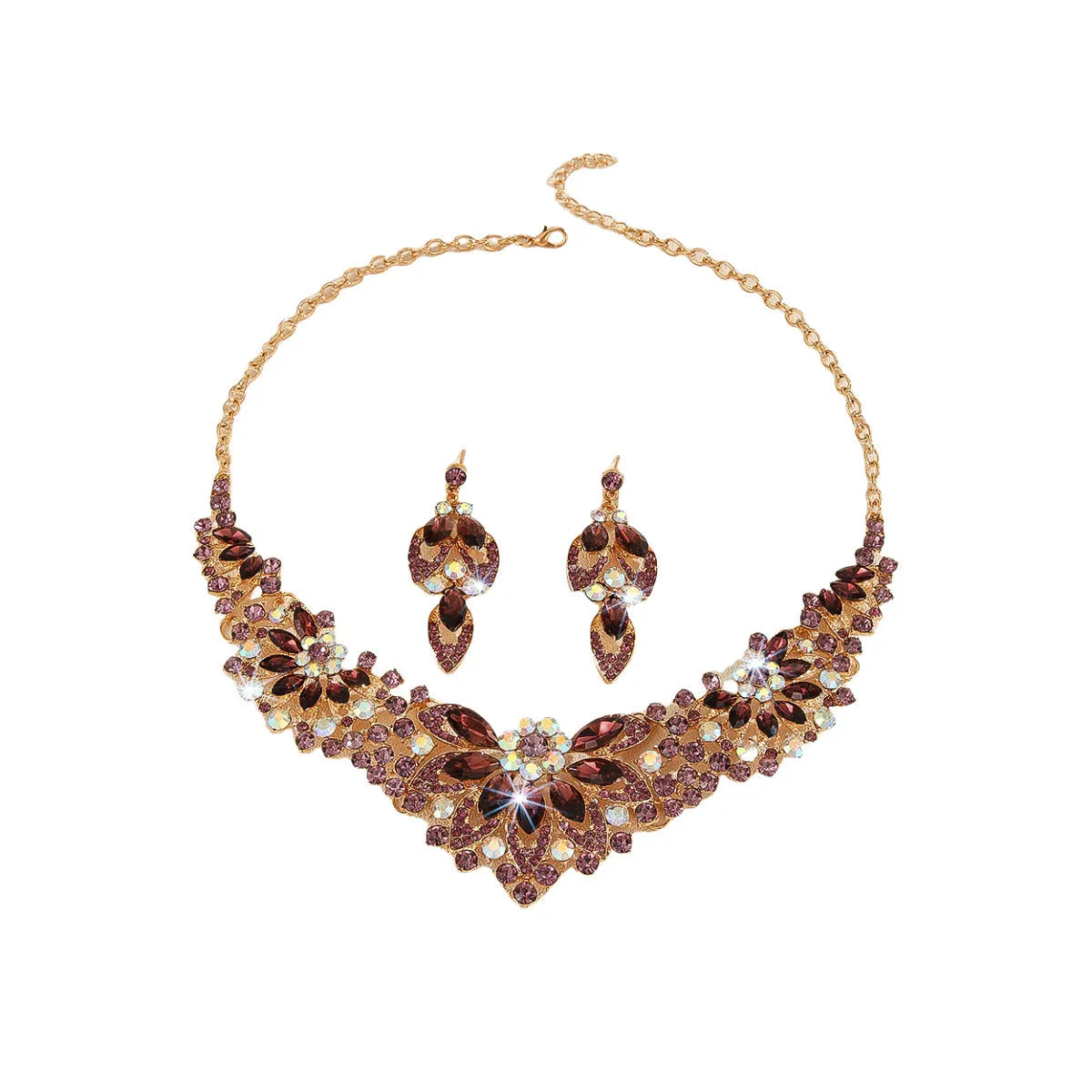 Gold crystal necklace and earrings set with alloy pendant, cross chain, and floral rose and wheat design