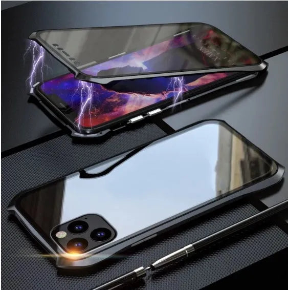 Glass magnetic king metal back cover for iPhone 11 in black, red, blue, and silver colours.