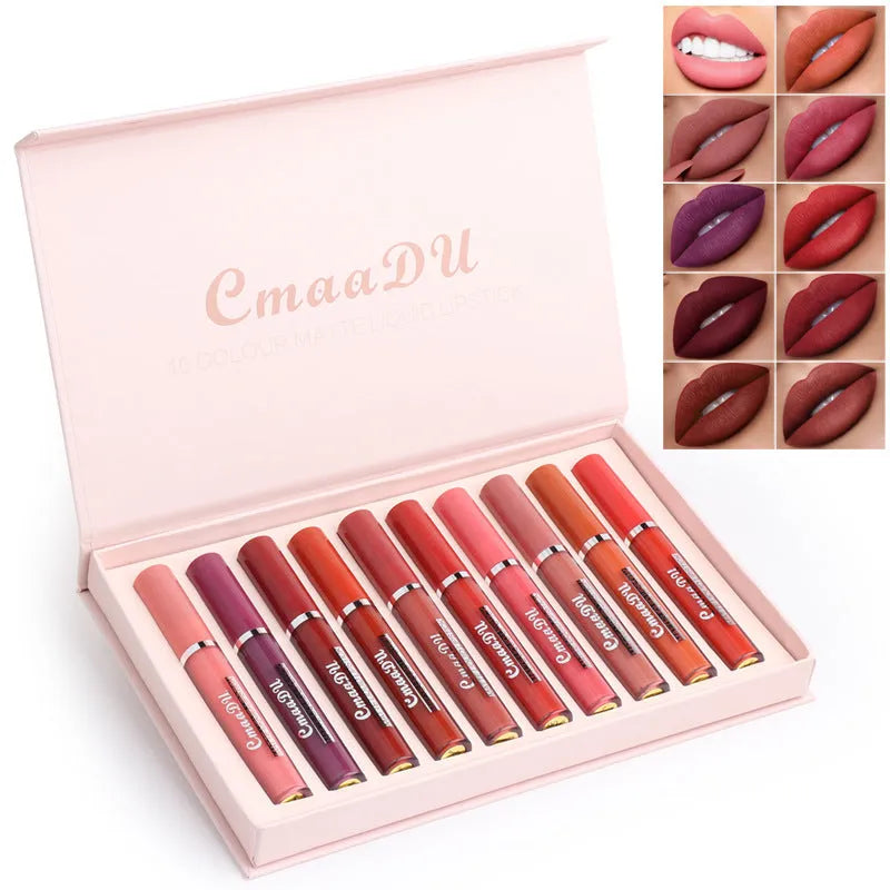 Package containing ten sticks of women's matte non-stick cup lipstick in assorted shades.