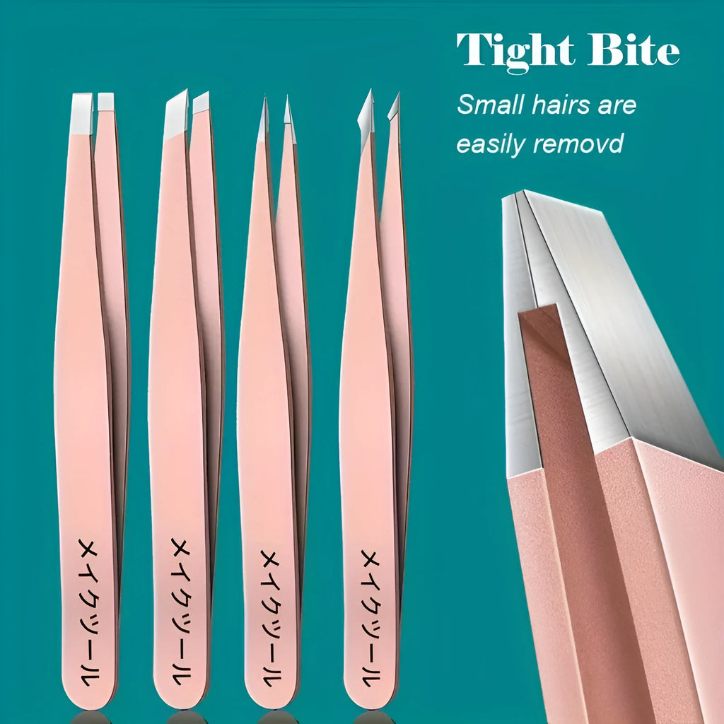 4-piece eye tweezer set with stainless steel eye forceps, 9.5 cm x 1 cm, in silver or pink