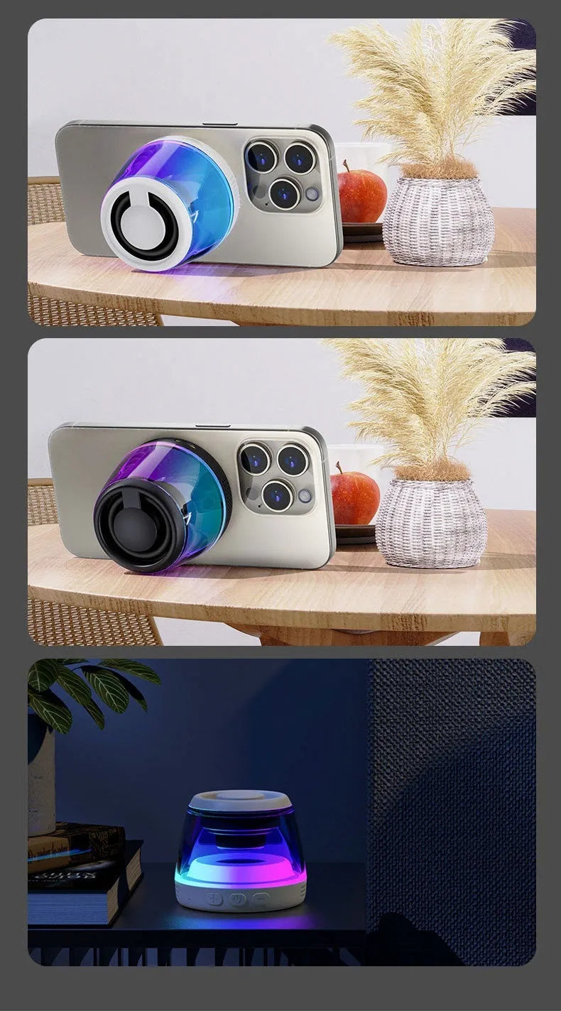 Portable white or black Bluetooth speaker with ambient lighting effects and magnetic mounting