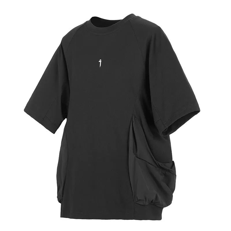 Men's loose grey cotton t-shirt with large front pockets and short sleeves