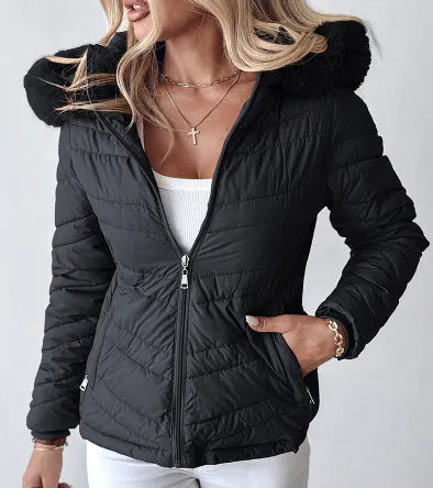 Cinched hoodie with fur collar short jacket in black polyester cotton, long sleeves, commuting style