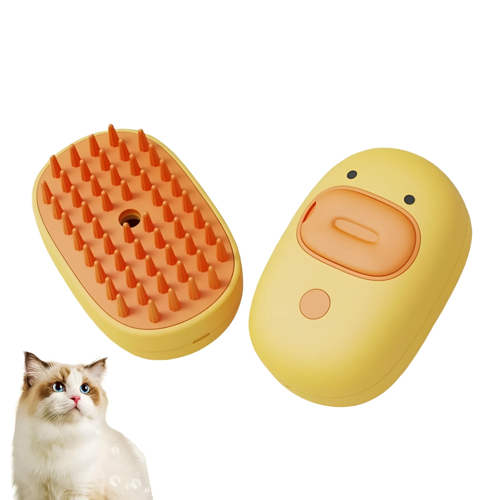 White rechargeable steam brush for cats and dogs with silicone grooming teeth and water tank