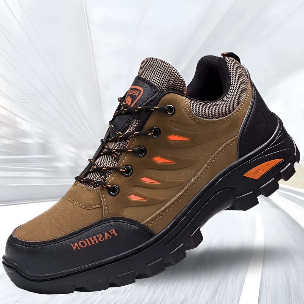 Men's brown suede mid-top hiking sneakers with rubber sole and lace-up front.