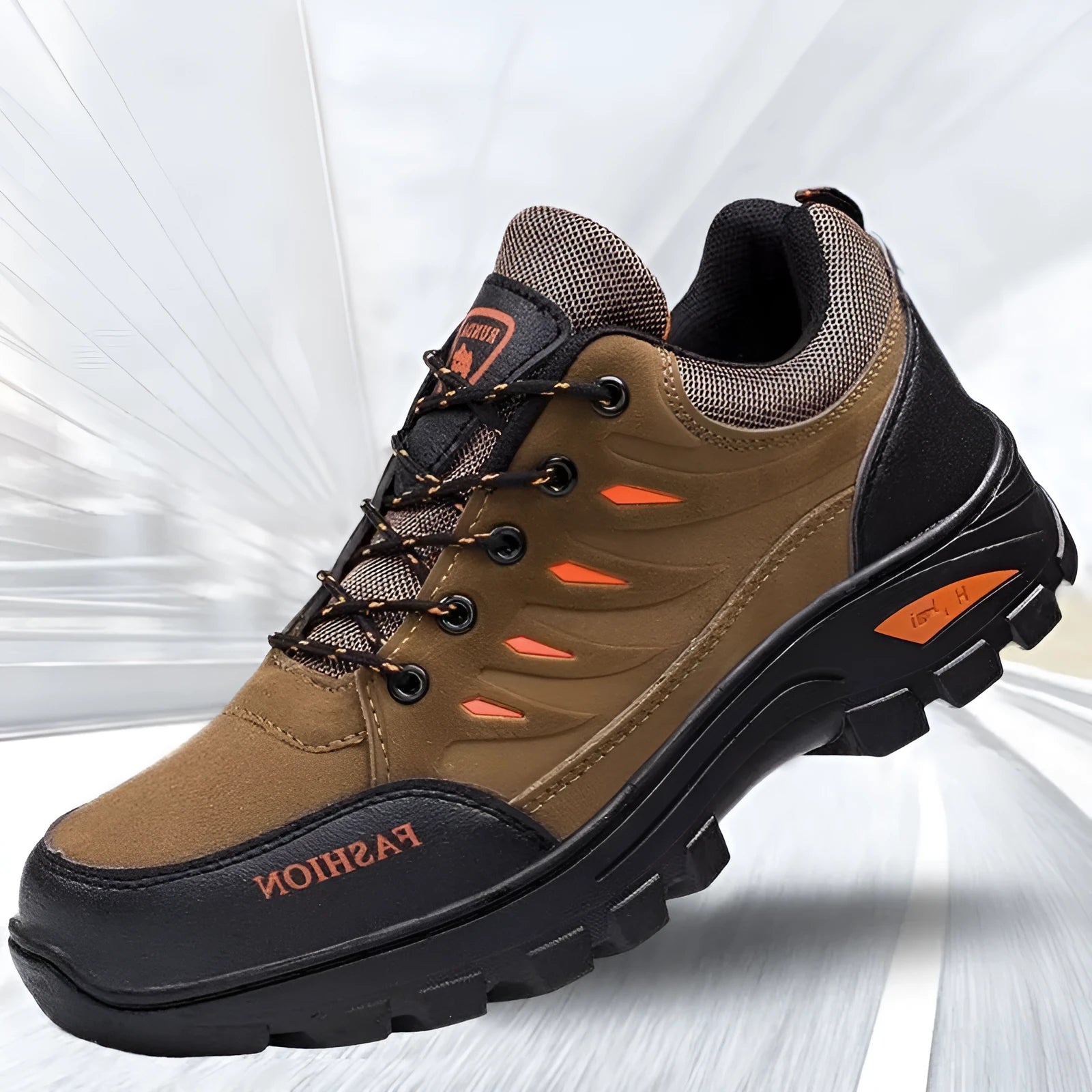 Men's brown suede mid-top hiking sneakers with rubber sole and lace-up front.