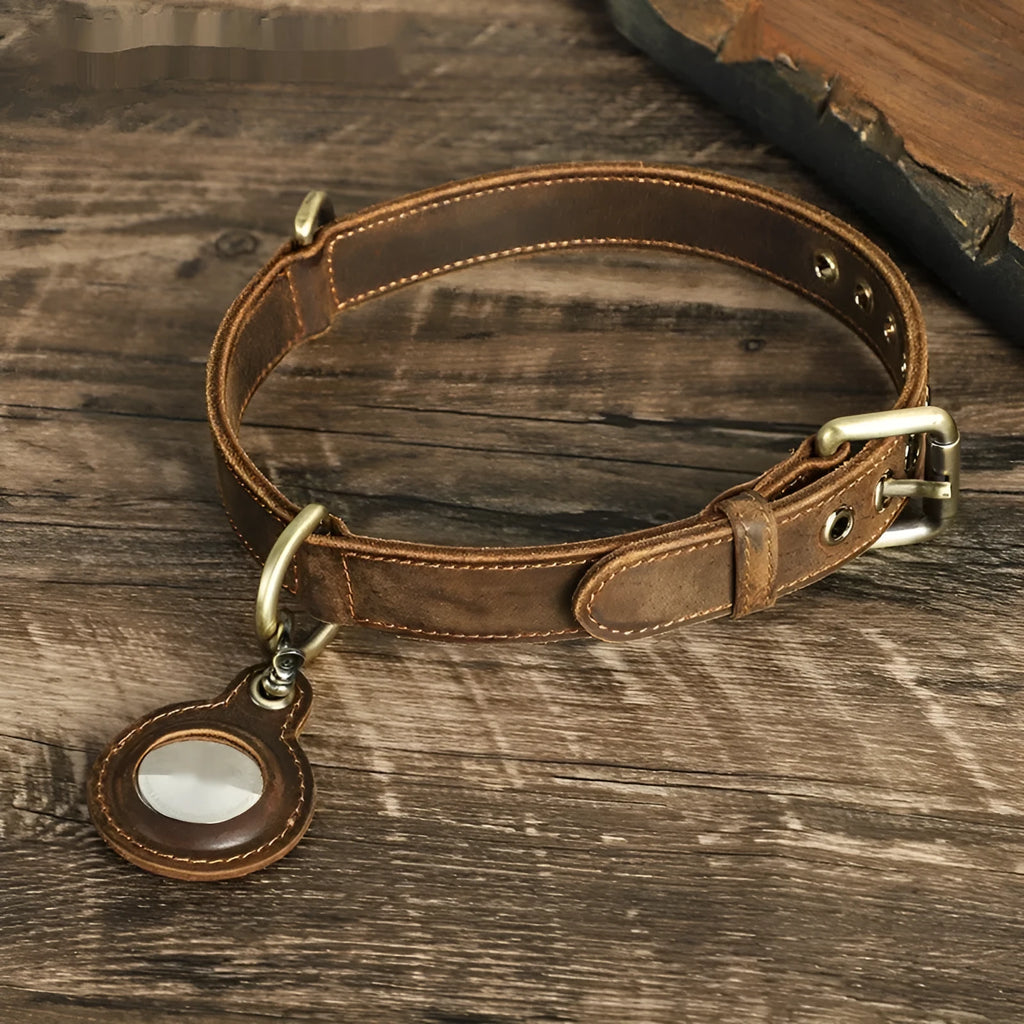 Brown retro-style dog collar with genuine cowhide leather and halter positioning system
