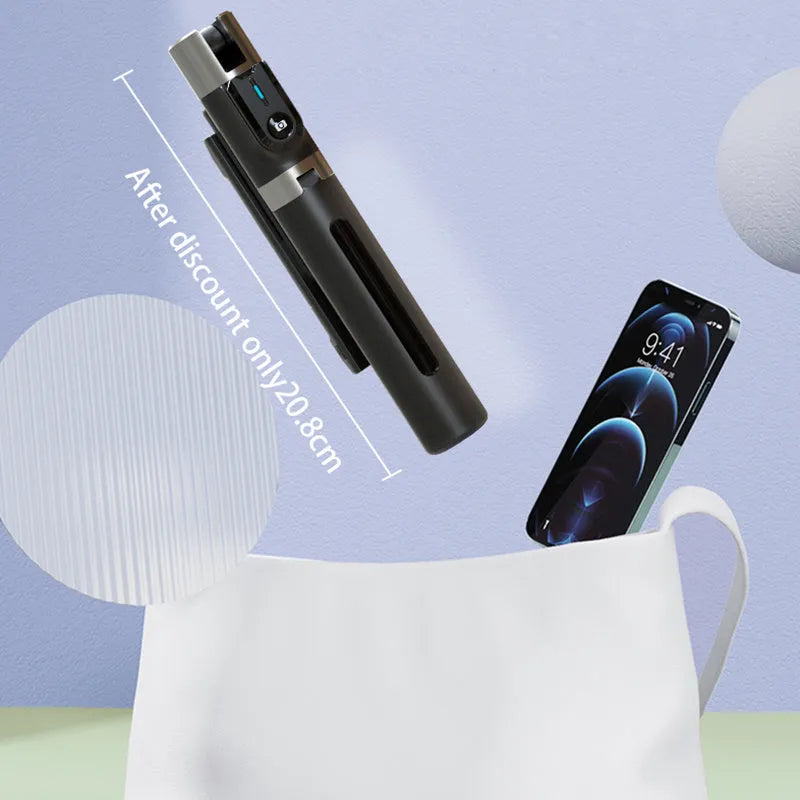 Black Bluetooth selfie stick with dual fill lights extended, showing aluminium telescopic arm