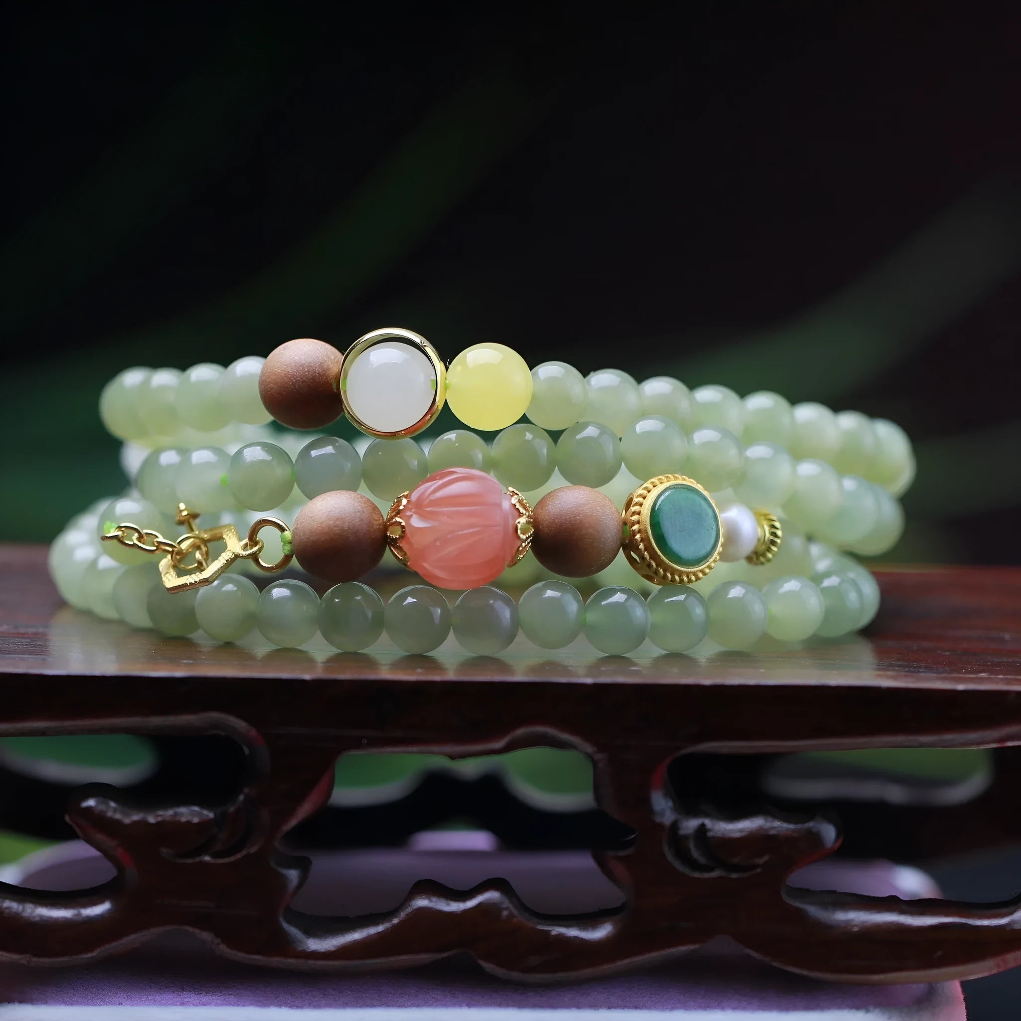 Hetian jade lotus beads necklace and sandalwood beeswax bracelet set with fu character zodiac design