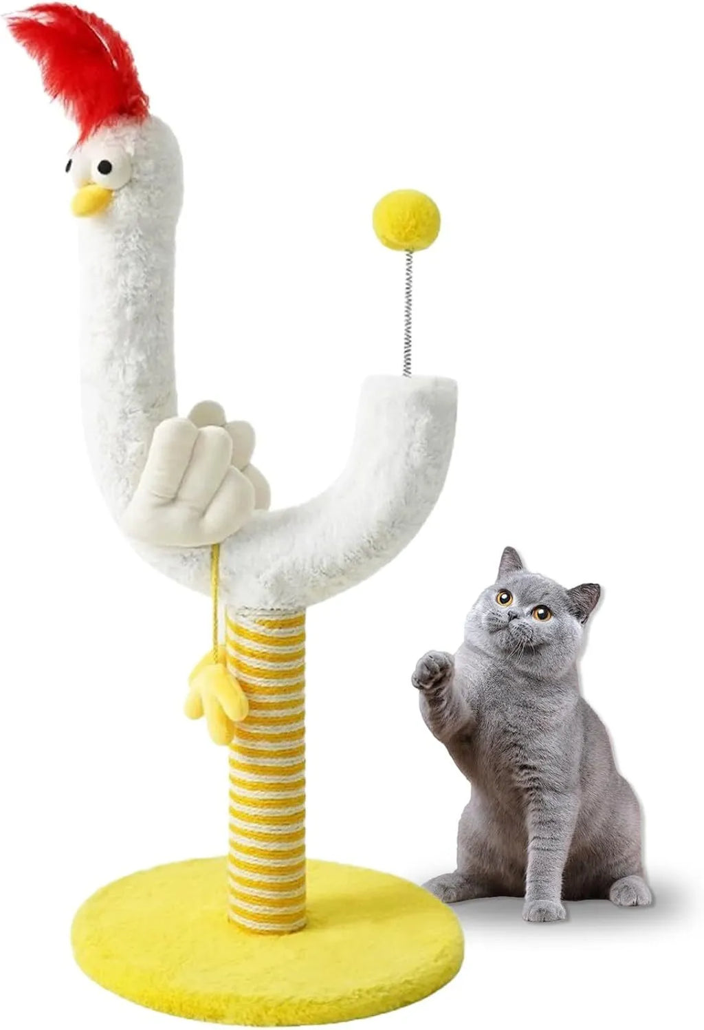 Yellow sisal rope cat scratching post with U-shaped design, spring ball, and solid wood base