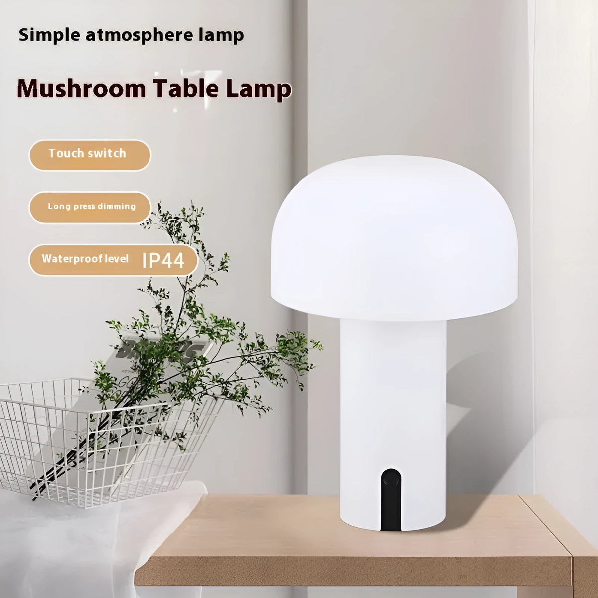 Decorative LED mushroom night light in green with touch switch and USB charging cable on bedside table