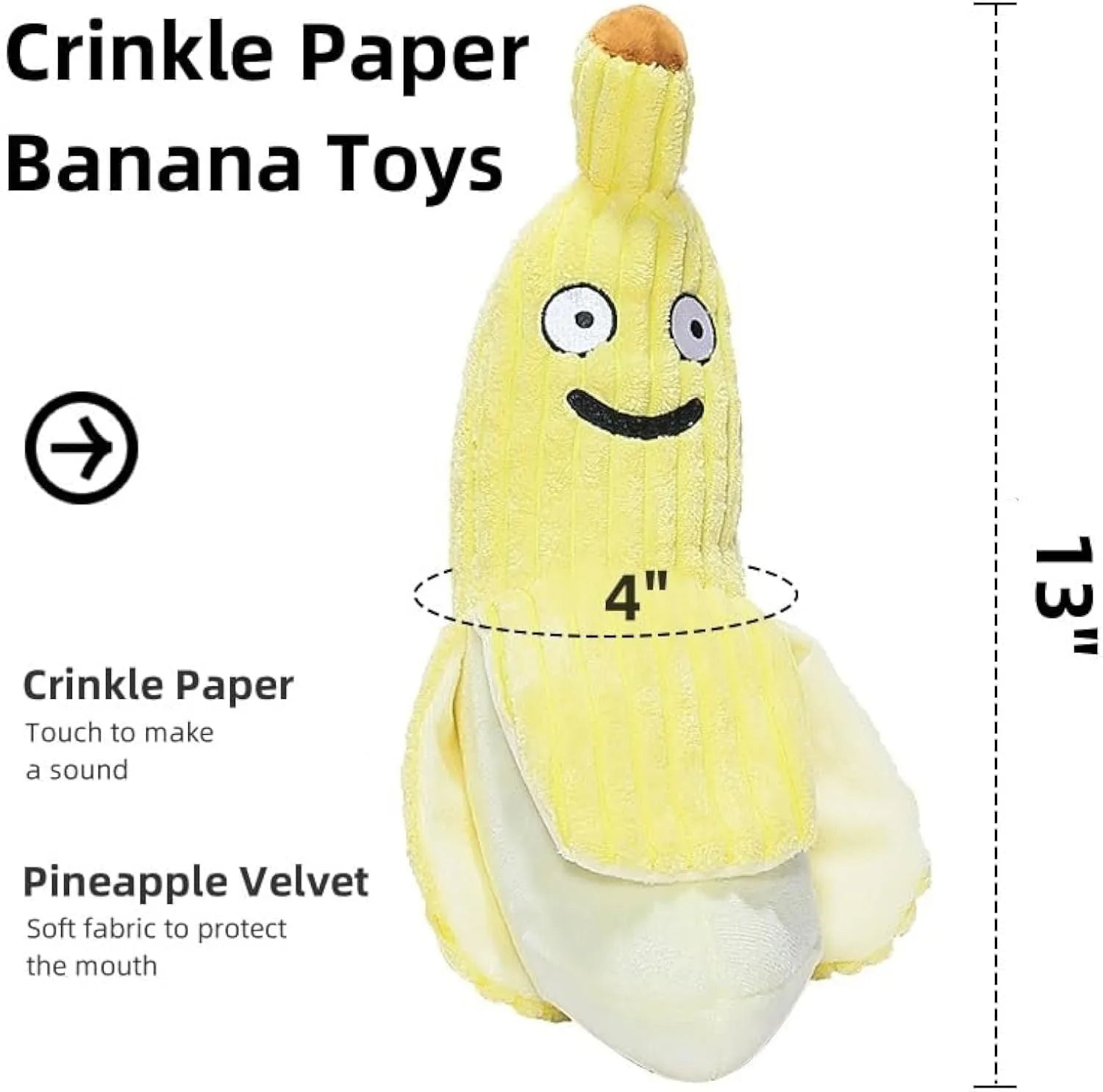 Yellow banana-shaped cat toy with plush fabric and crinkle paper sounds for indoor feline exercise