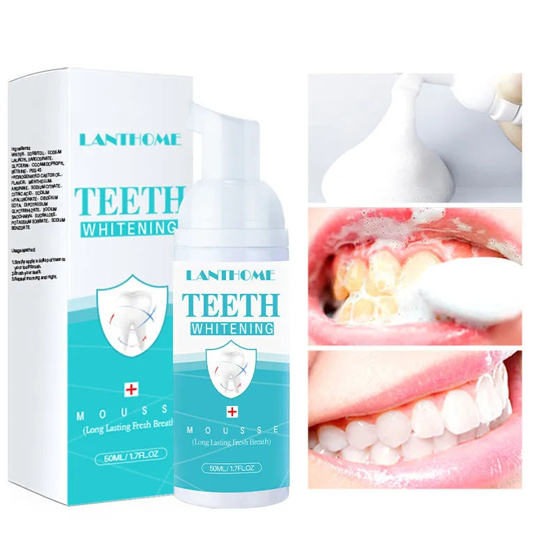 Teeth whitening mousse 50ml oral cleaning foam in white bottle with blue label