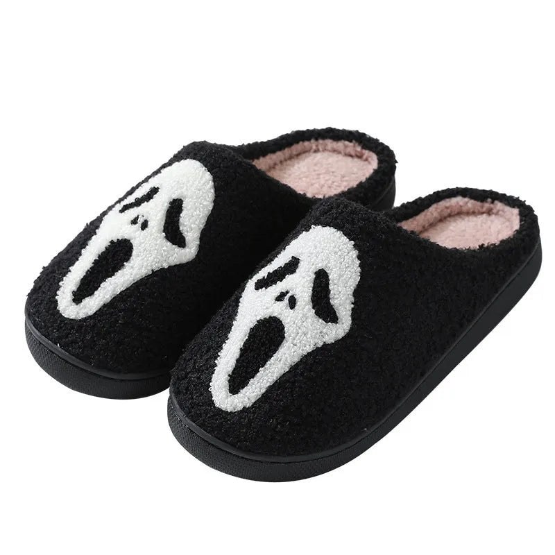 Halloween skull print indoor slippers with suede upper, cotton lining, and non-slip rubber sole in white, red, black, or red black.