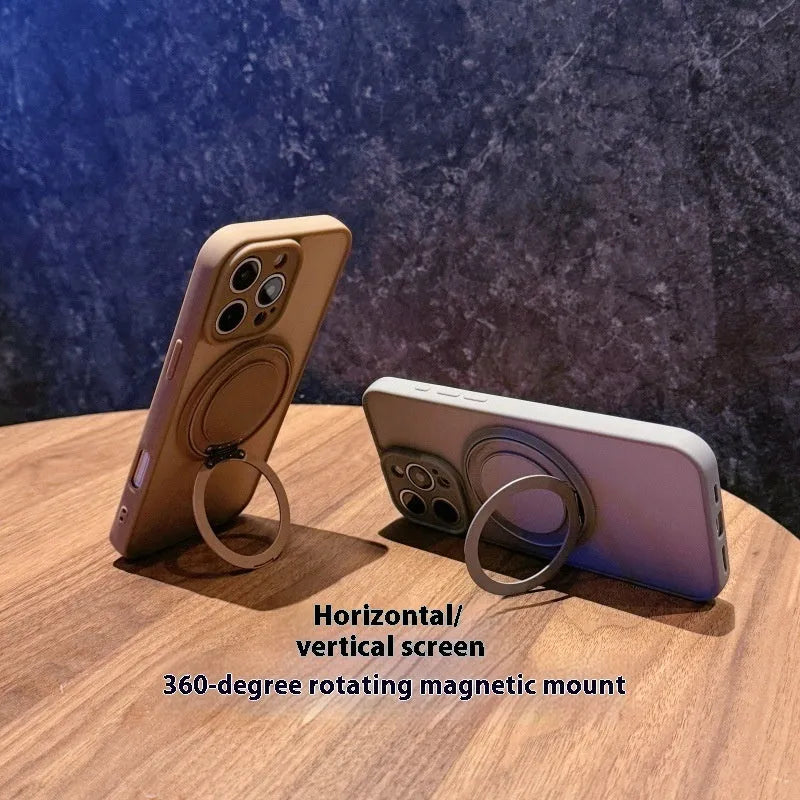 Magnetic suction pivot phone case for iPhone with built-in kickstand, in a frosted finish.