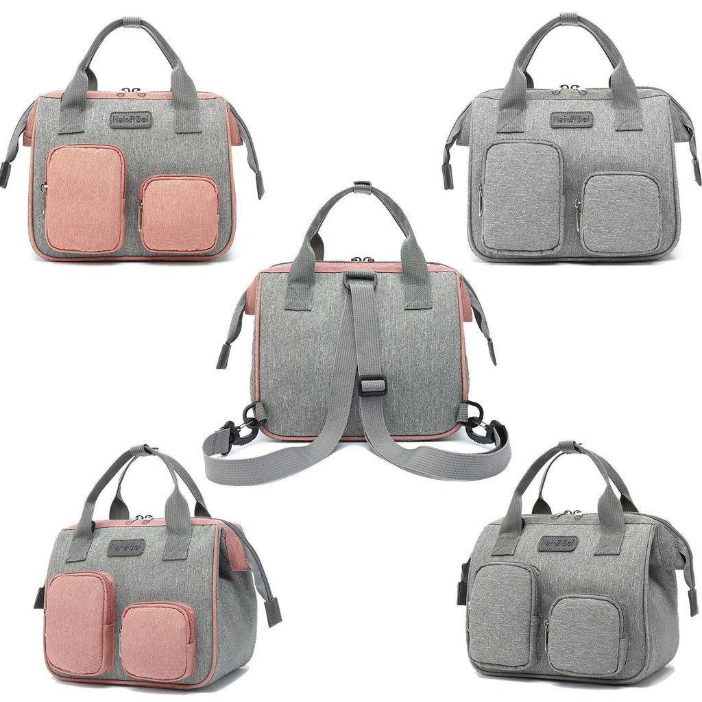 Large grey women's handbag made from Oxford cloth with an external pocket.