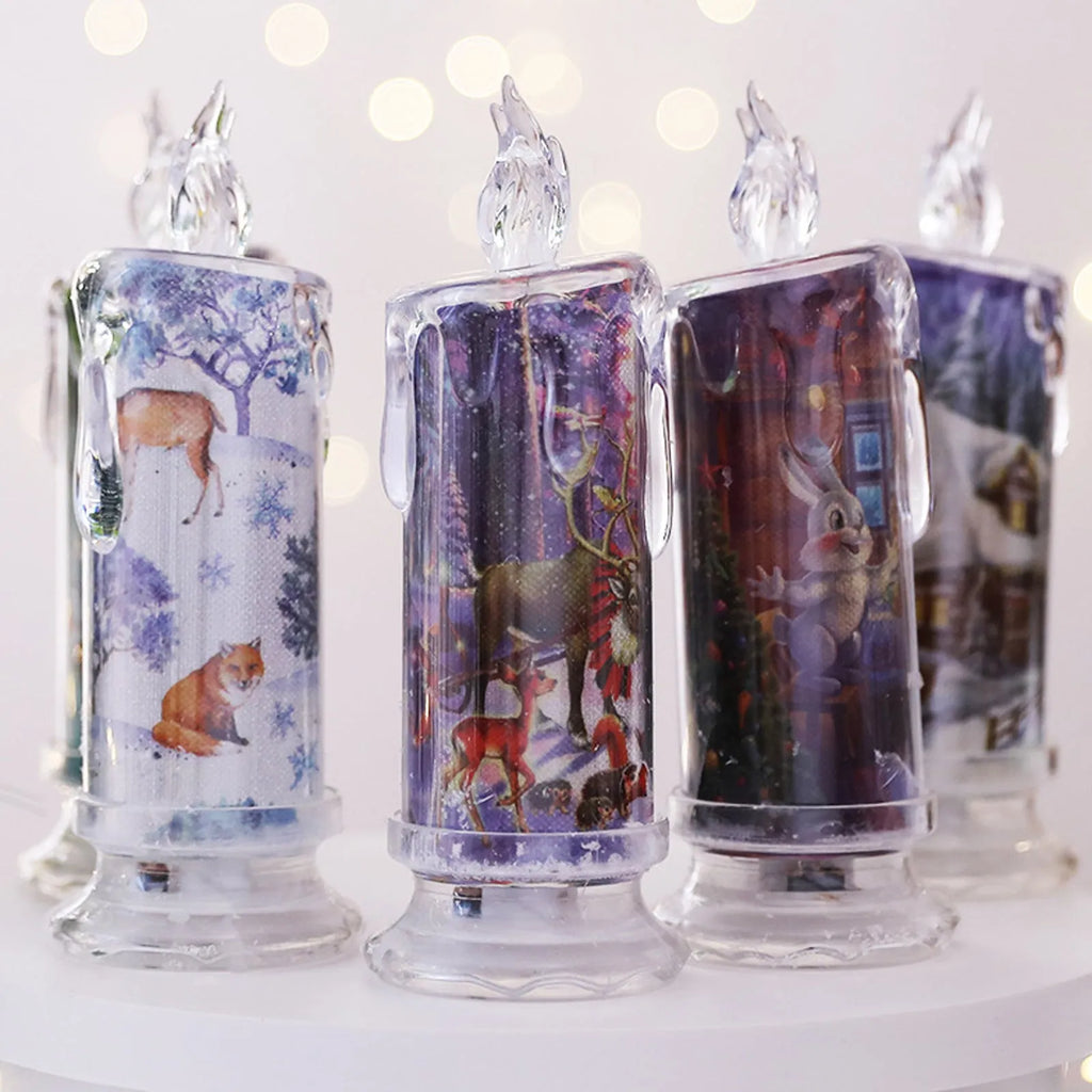 Transparent plastic Christmas electronic candle 18x6.5x6.5cm in snowman, house, magpie, bear or snowflake style