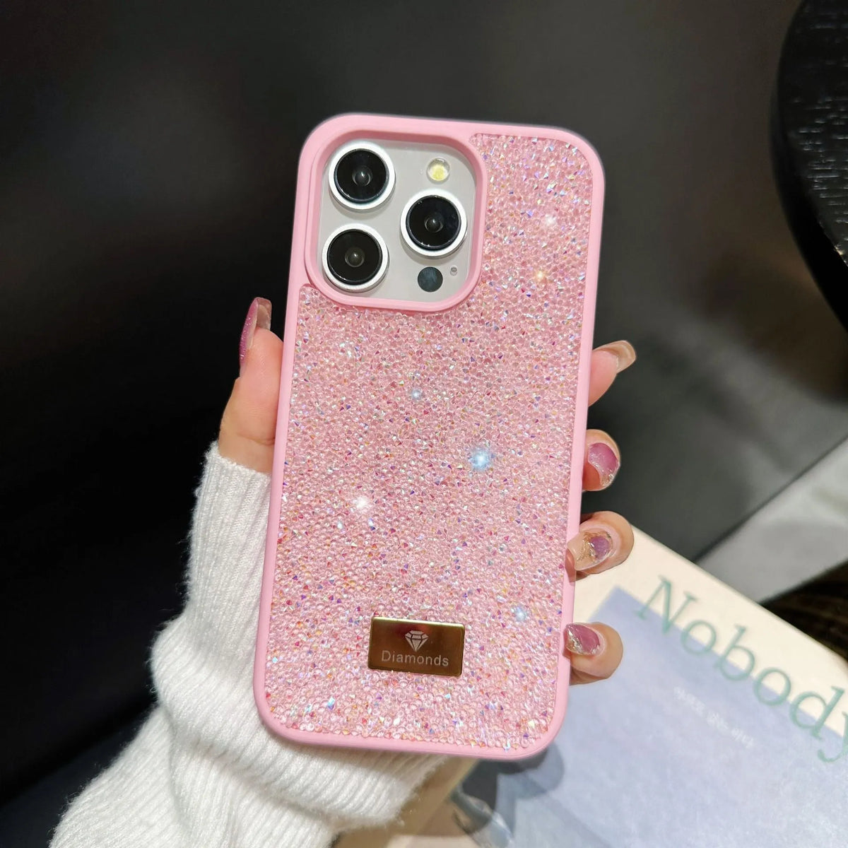Luxury rhinestone graphene mobile phone shell in Black with frosted finish, compatible with iPhone models 11-17