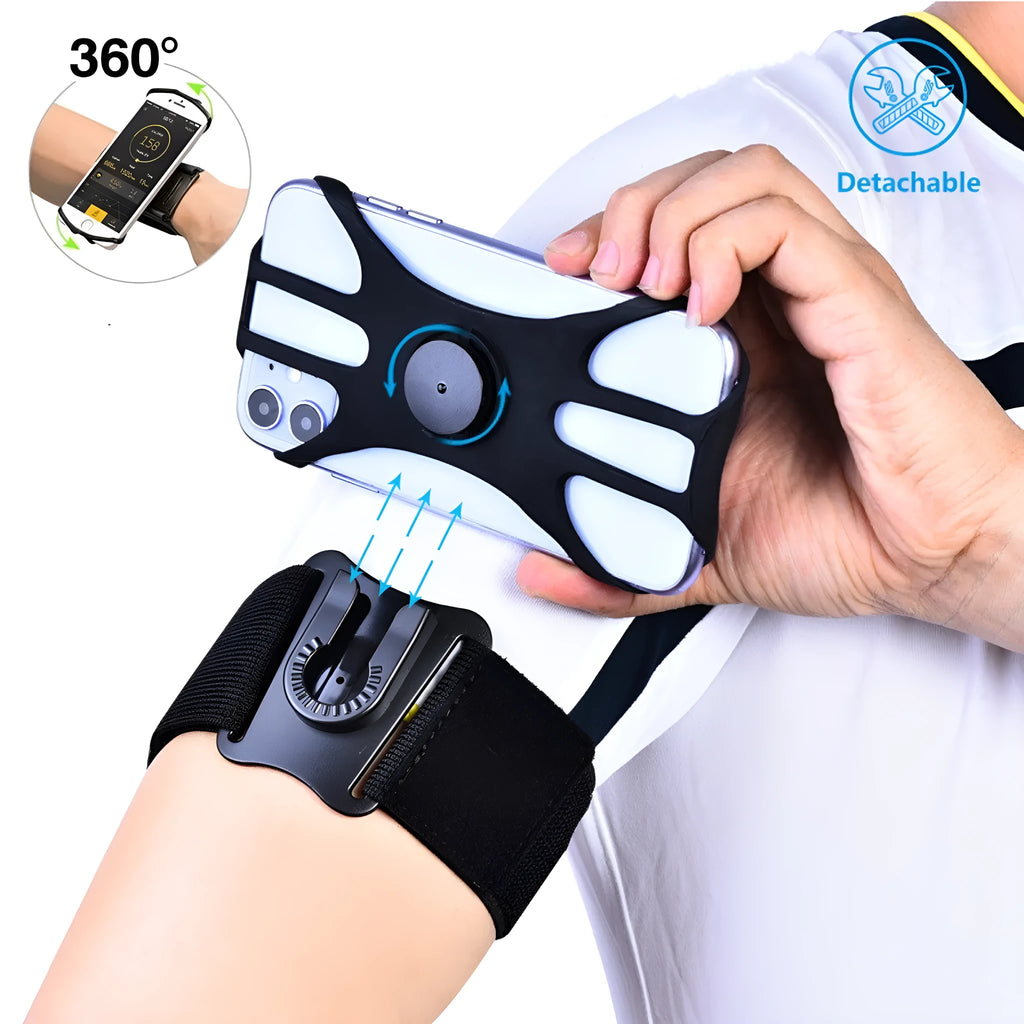 Black sports phone case with detachable arm and wrist strap on a grey background