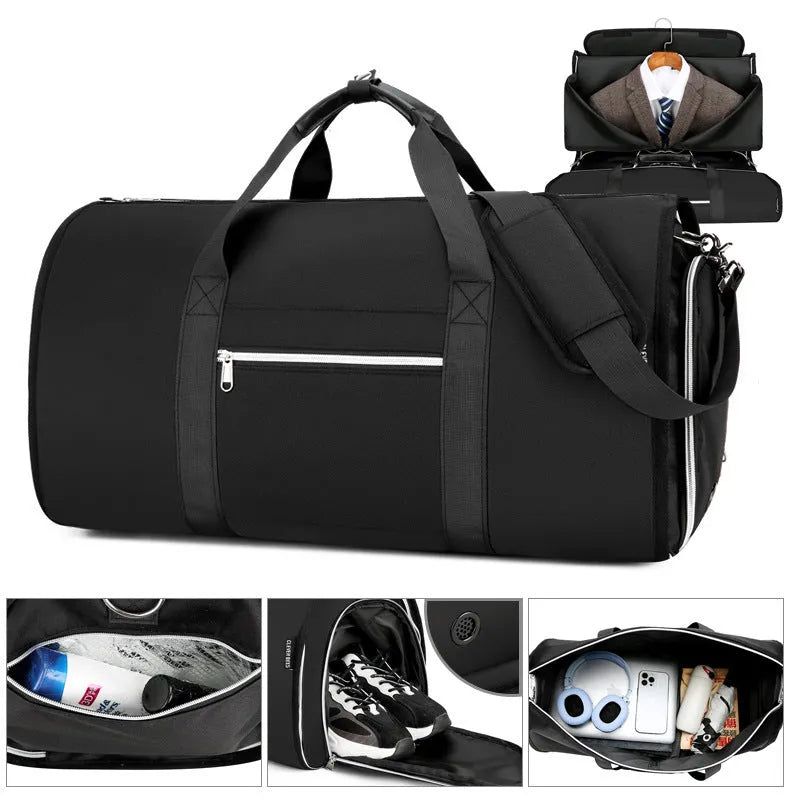 Oxford cloth multi-purpose sports bag in grey, black, or dark blue with dry wet separation compartments.