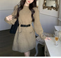 Women's beige loose knitted long sleeve dress with high waist and black belt