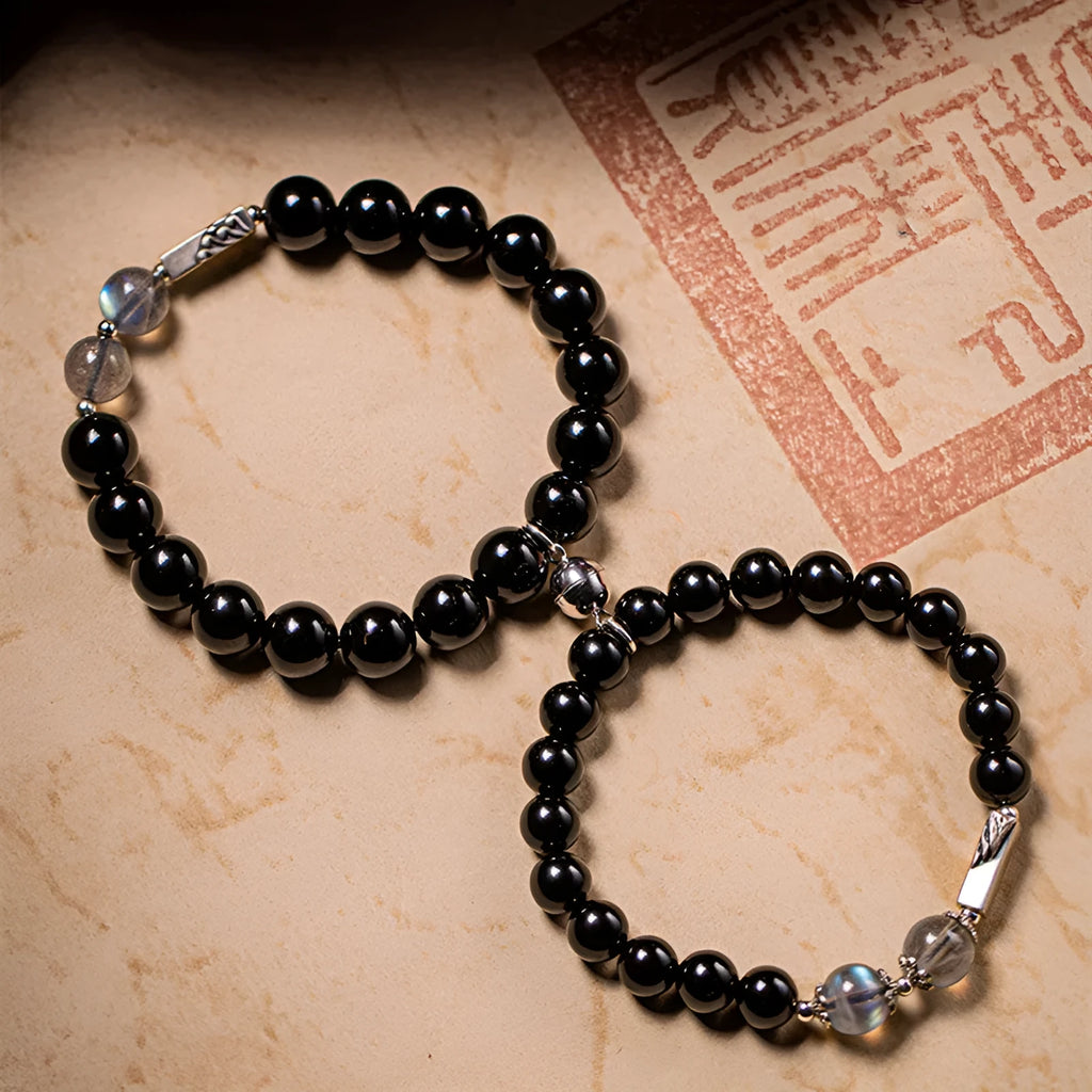 Obsidian Buddha beads couple bracelet DIY kit showing 8mm and 10mm beads with national style design