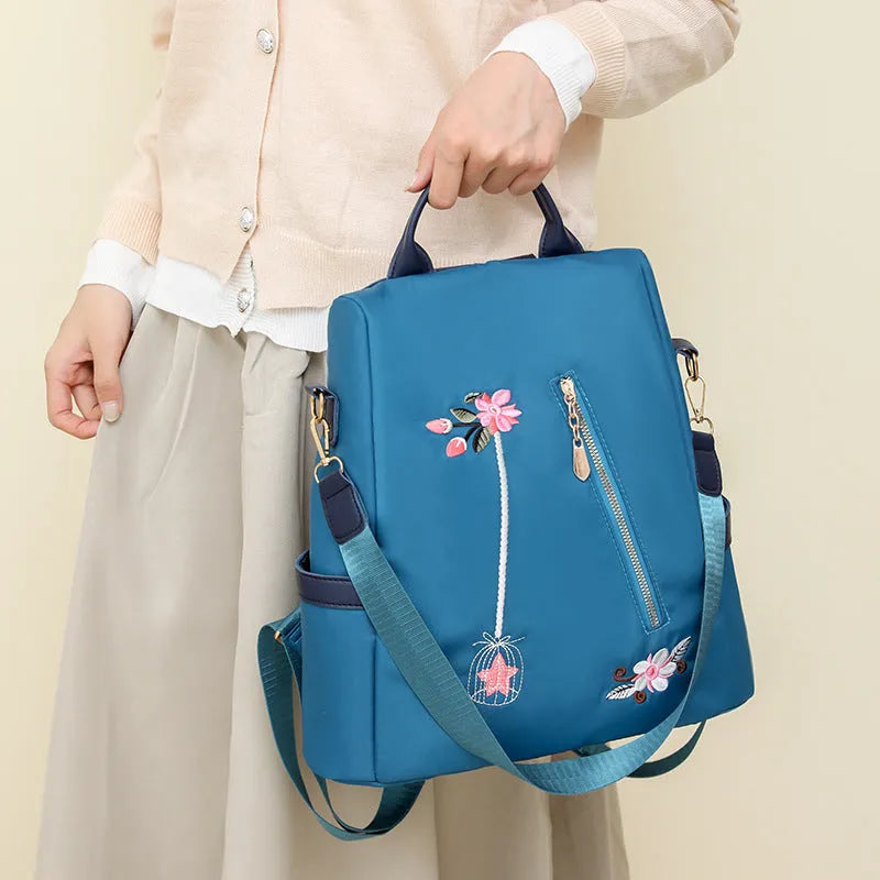 Ethnic style 3D embroidered backpack for women in beige with waterproof Oxford cloth outer and zipper pockets